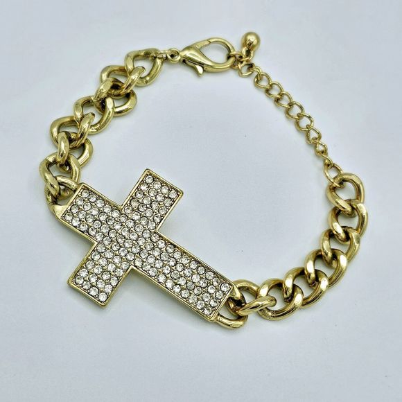 Pave Cross Bracelet Women Rhinestone Religious Gold Tone Crystal Links Jewelry - Picture 5 of 8